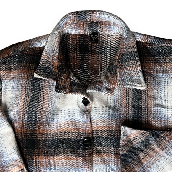 Windsor Brown & Gray Plaid Oversized Button Long Sleeve Flannel Women’s Size L - Picture 2 of 6